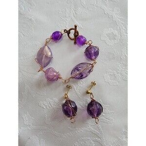 Purple stone and gold bracelet and earring set